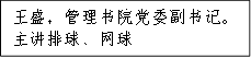 王盛，管理书院党委副书记。主讲排球、网球